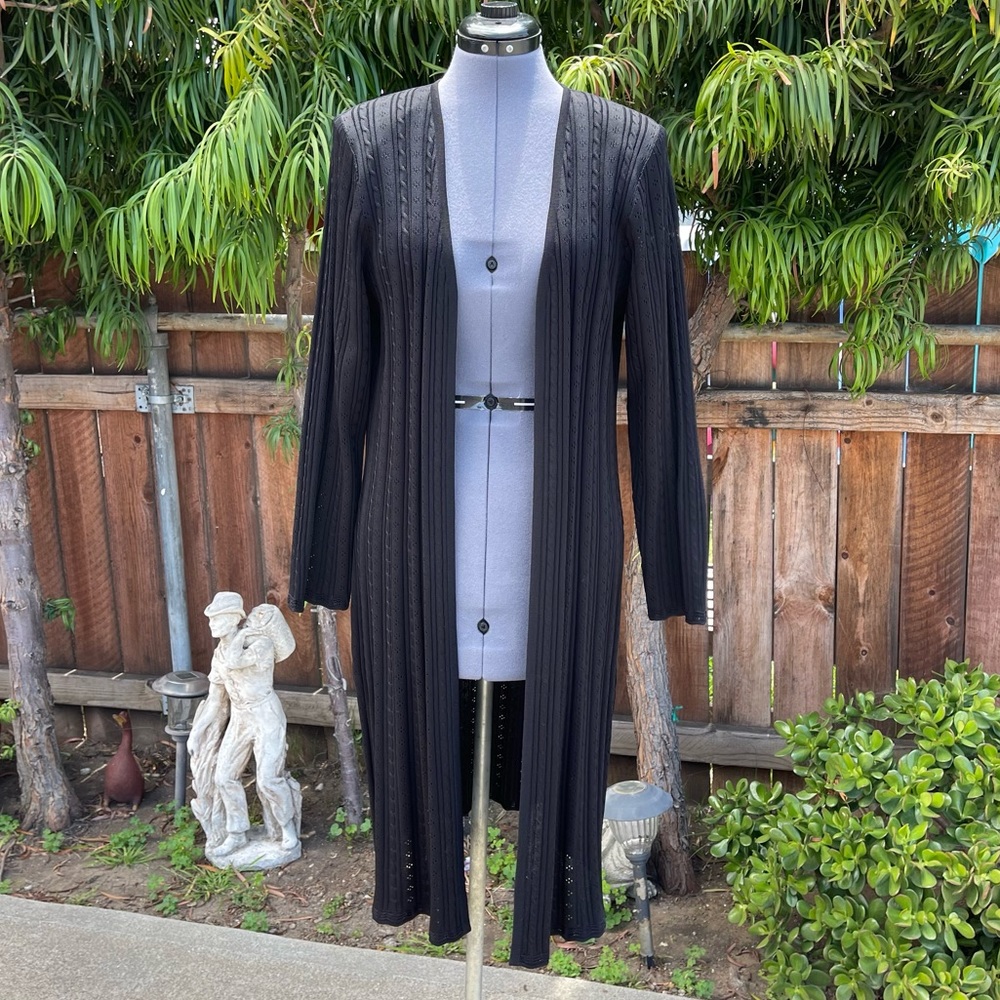 Misook Black Long Open-Front Ribbed Cardigan